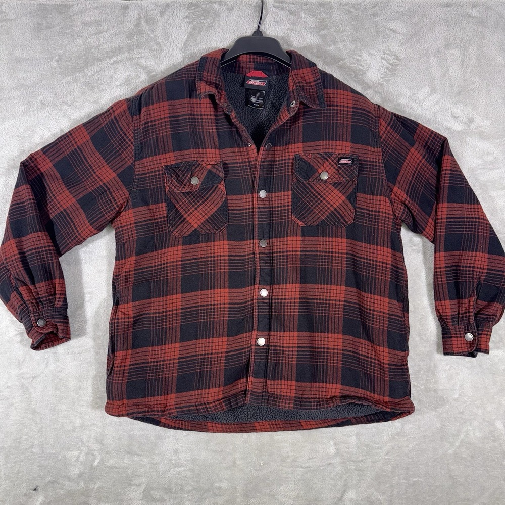 Dickies Shirt Jacket Mens XL Red & Black Plaid Sherpa Lined Barn Chore "Shacket"